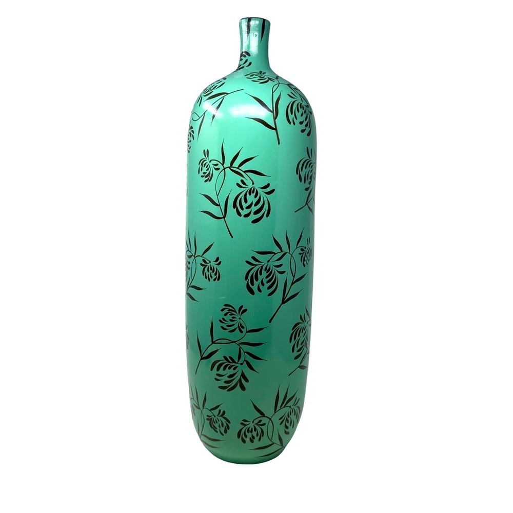Beautiful Hand Painted | Mint Green and Brown | Tall Floral Vase | Vintage